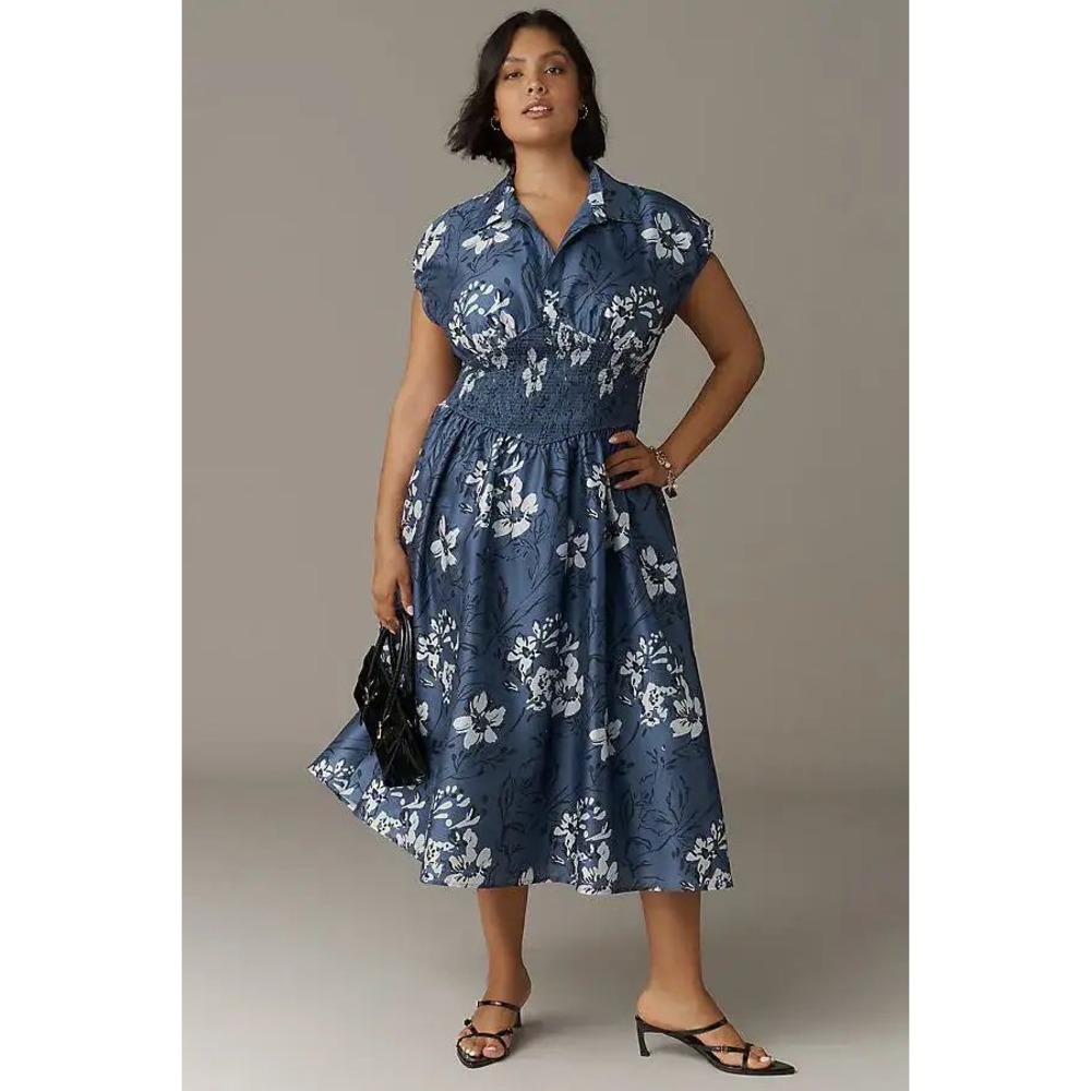 Hutch Smocked Waist Short Sleeve Midi Dress Blue White Floral Cap Sleeve 3X